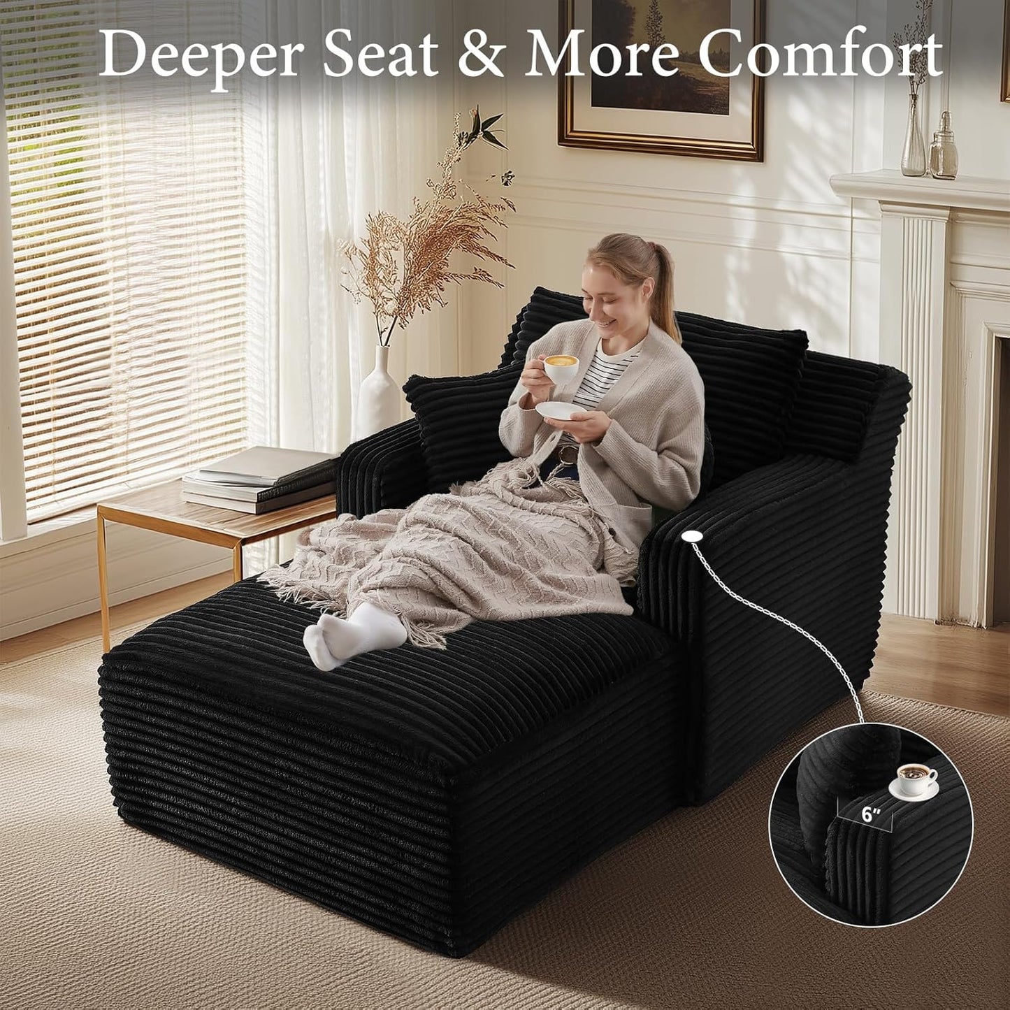 65.4" Chaise Lounge Chair Indoor, Oversized Boneless Couch Comfy Upholstered Sleeper Sofa Bed with 3 Pillows, Corduroy Cloud Reading Chair for Living Room No Assembly Required, Black