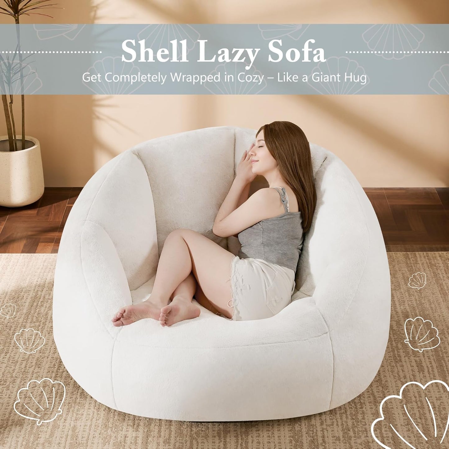Giant Bean Bag Swivel Chair for Adults with Ottoman - Comfy Plush Round Shell Soft Accent Chaise Lounge Indoor Chair, Oversized Cozy Floor Sofa for Living Room, Bedroom & Game Rooms, Beige