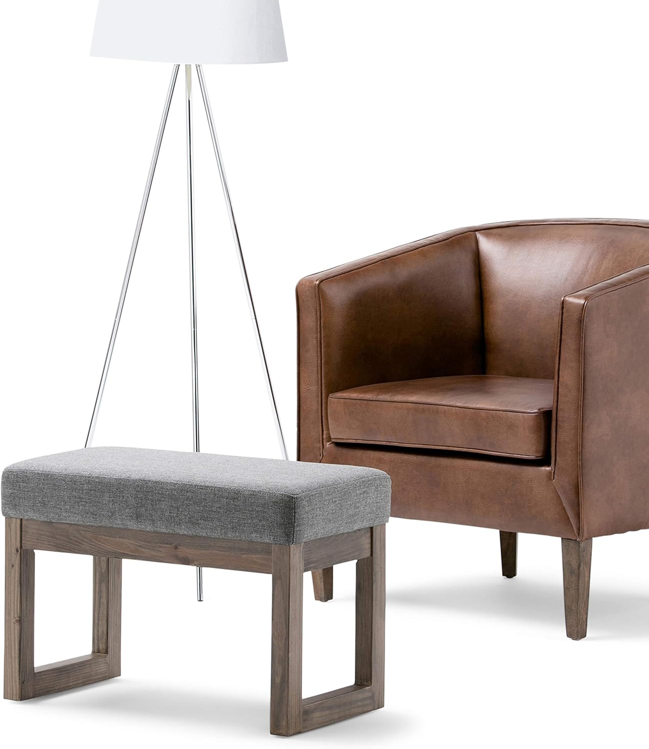 SIMPLIHOME Milltown 27 inch Wide Contemporary Rectangle Footstool Ottoman Bench in Grey Linen Look Fabric, Assembled, for the Living Room and Bedroom