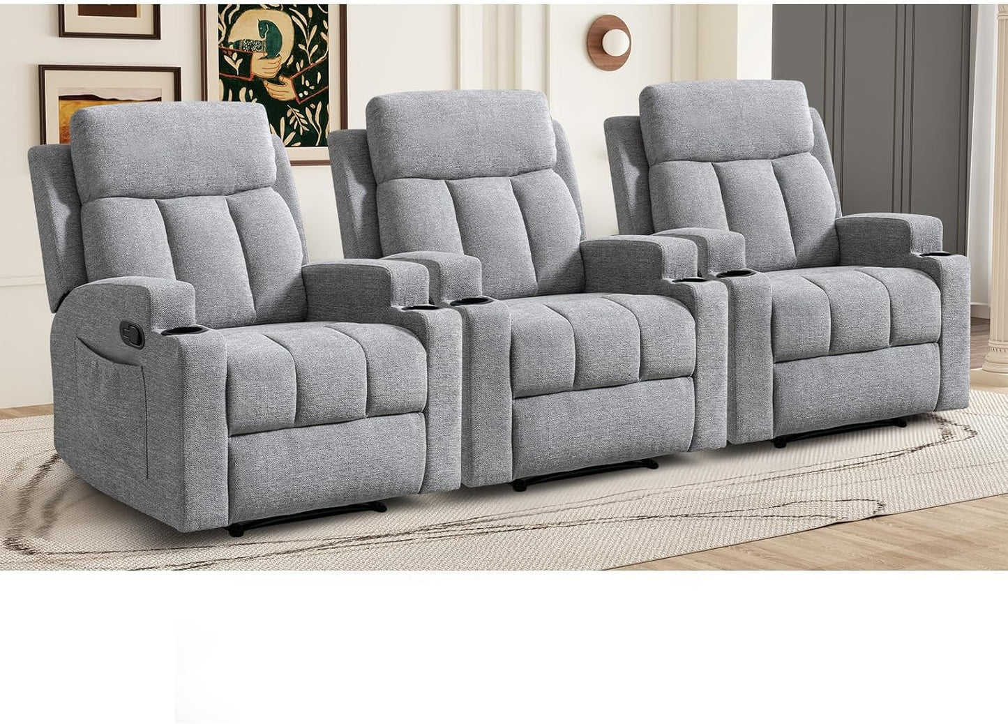 CANMOV Manual Recliner Chair with Massage and Heat,Soft Fabric Recliner Chair with Overstuffed Arm and Back, Manual Reclining Single Sofa with 2 Cup Holders, Side Pocket for Living Room,Dark Grey