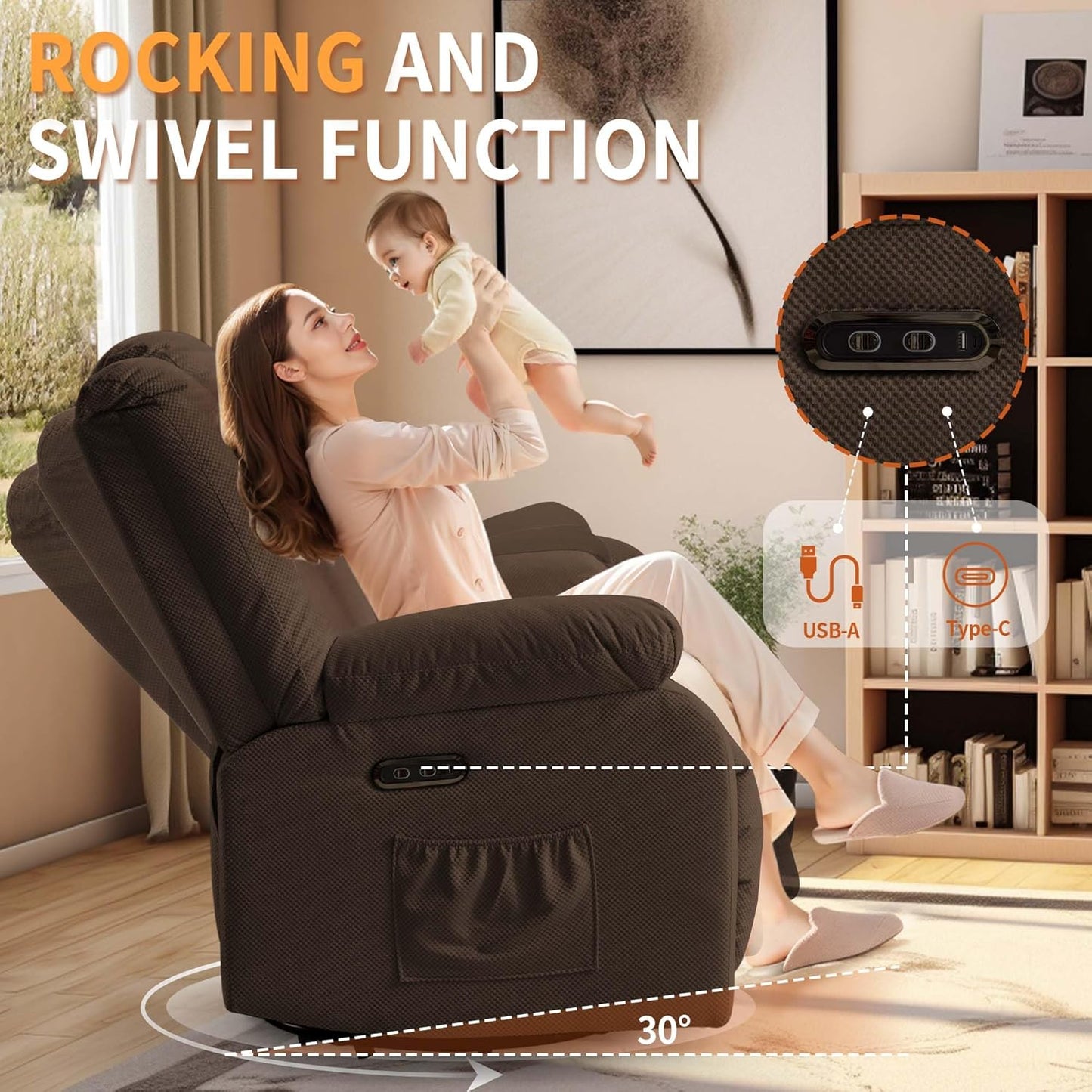 Oversized Power Recliner Chair, Swivel Rocking Chair for Adults, Electric Glider Reclining with Massage and Heating, Waffle Fabric Rocker Recliner with Side Pockets for Living Room, Bedroom