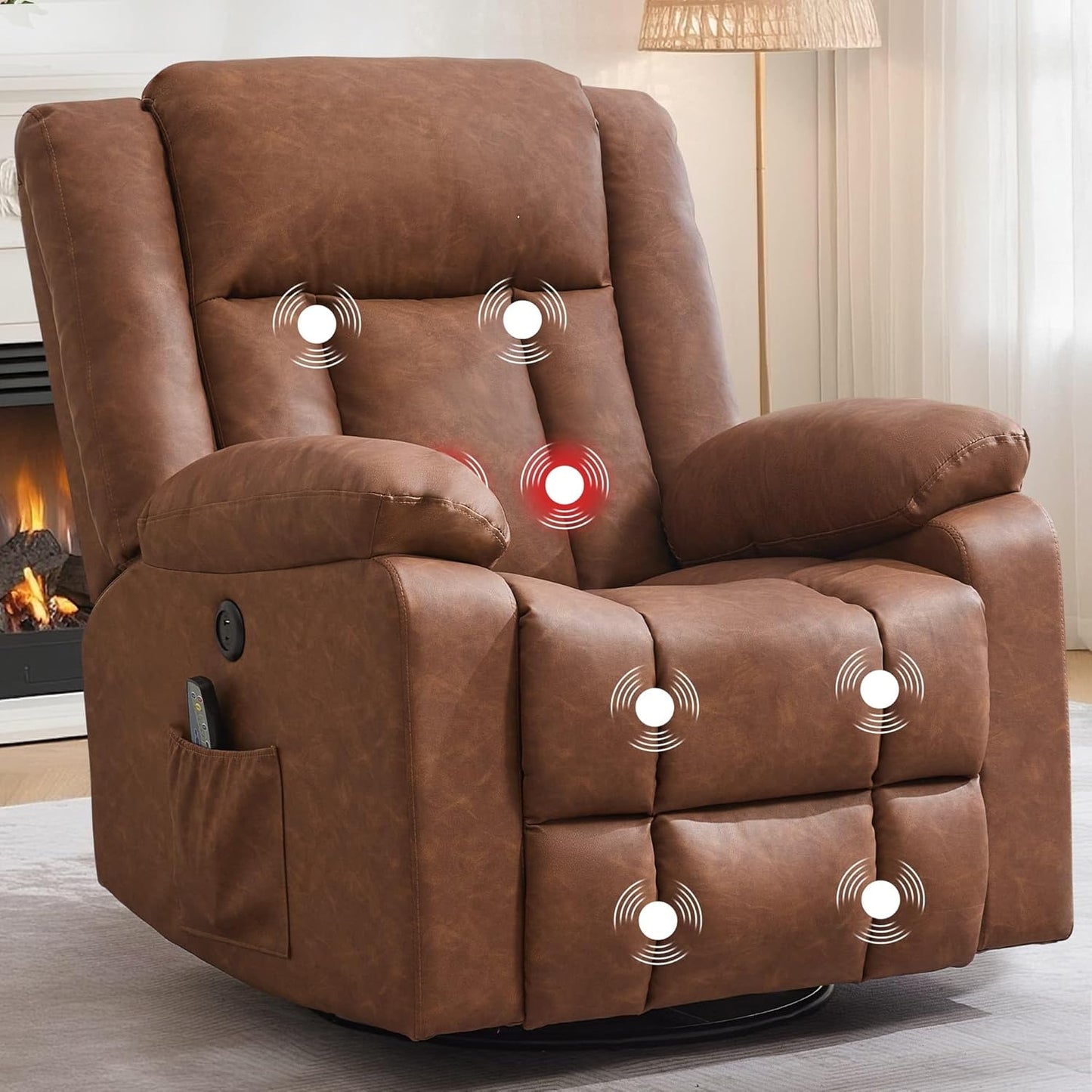 Rocker Recliner, Glider Recliner Chairs for Adults, 360° Swivel Rocking Chair with Massage and Heating, Nursery Chair with Storage and USB Charging for Living Room, Bedroom, Nursery