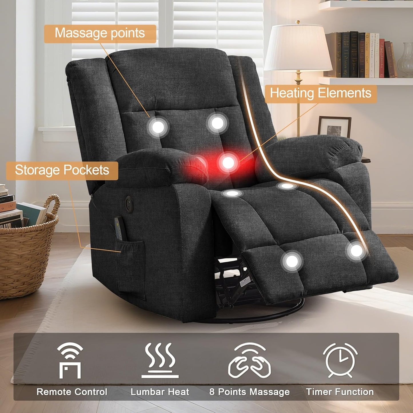 Rocker Recliner, Glider Recliner Chairs for Adults, 360° Swivel Rocking Chair with Massage and Heating, Nursery Chair with Storage and USB Charging for Living Room, Bedroom, Nursery