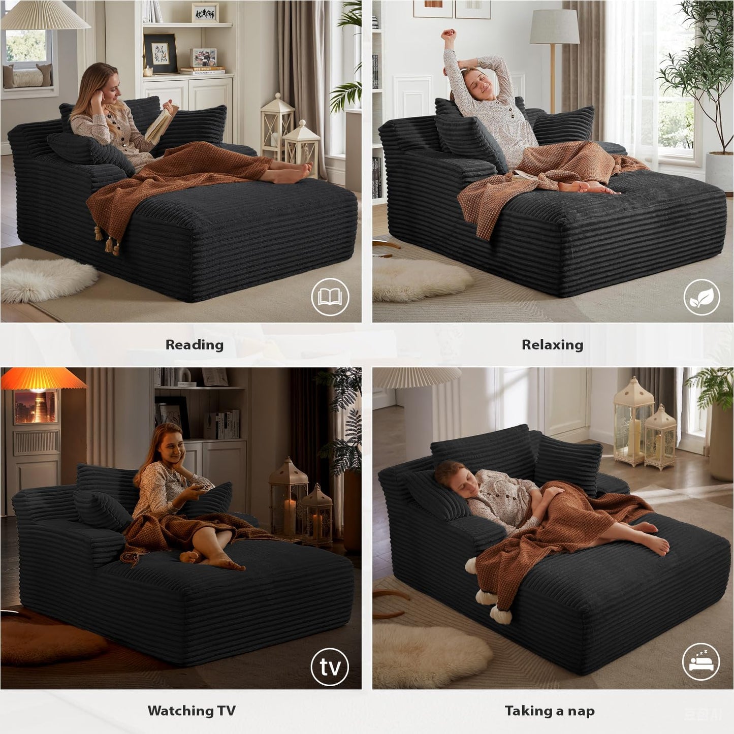 67 Inch Oversized Chaise Lounge Chair Indoor, Corduroy Upholstered Boneless Sofa Bed, Deep Seat Sleeper Couch Reading Chairs, Cloud Sofas Couches for Living Room, No Assembly Required (Black)