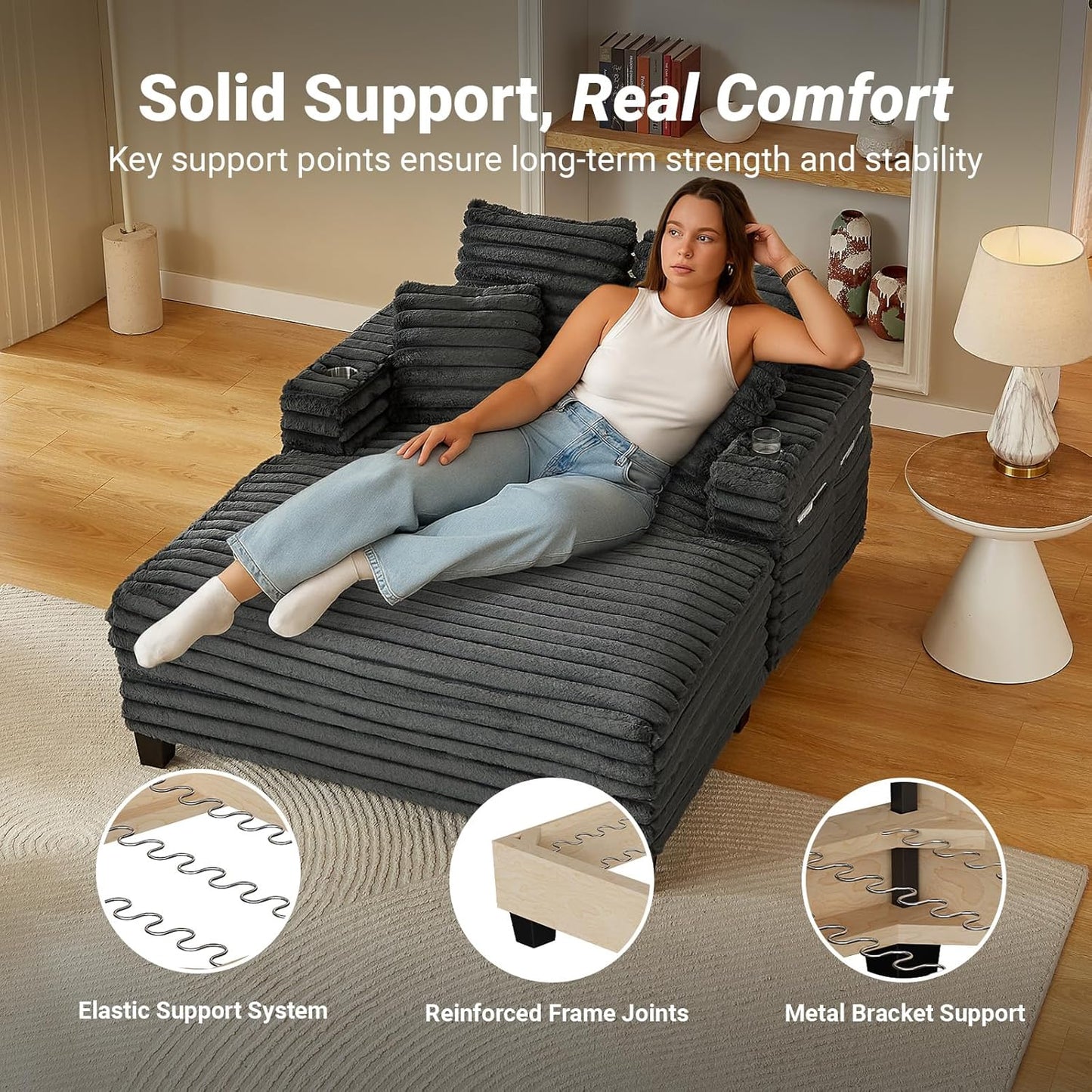 Chaise Lounge Chair Indoor, 64" Oversized Sleeper Chair with Wood Frame, Upholstered Sofa Bed for Living Room, Movie Room, Bedroom with 4 Storage Pockets&2 Cup Holders(Plush Corduroy, Grey)