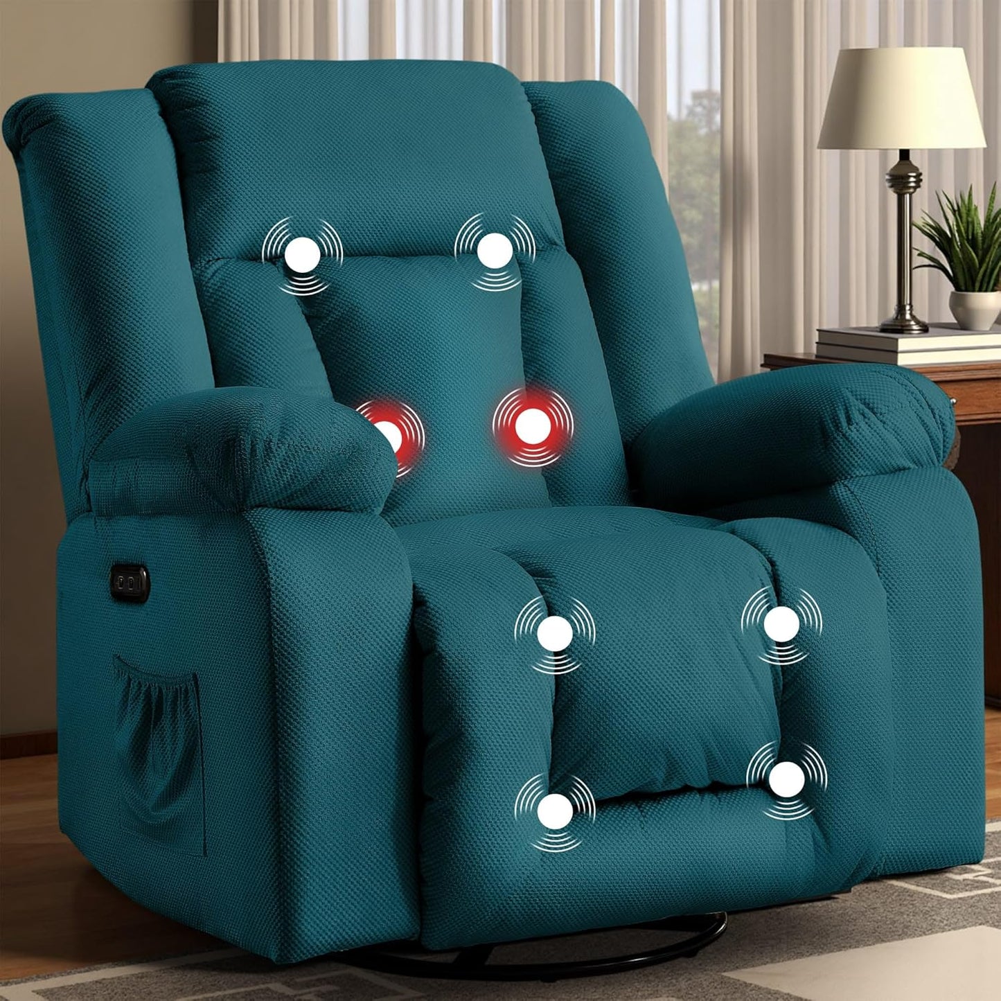 Oversized Power Recliner Chair, Swivel Rocking Chair for Adults, Electric Glider Reclining with Massage and Heating, Waffle Fabric Rocker Recliner with Side Pockets for Living Room, Bedroom