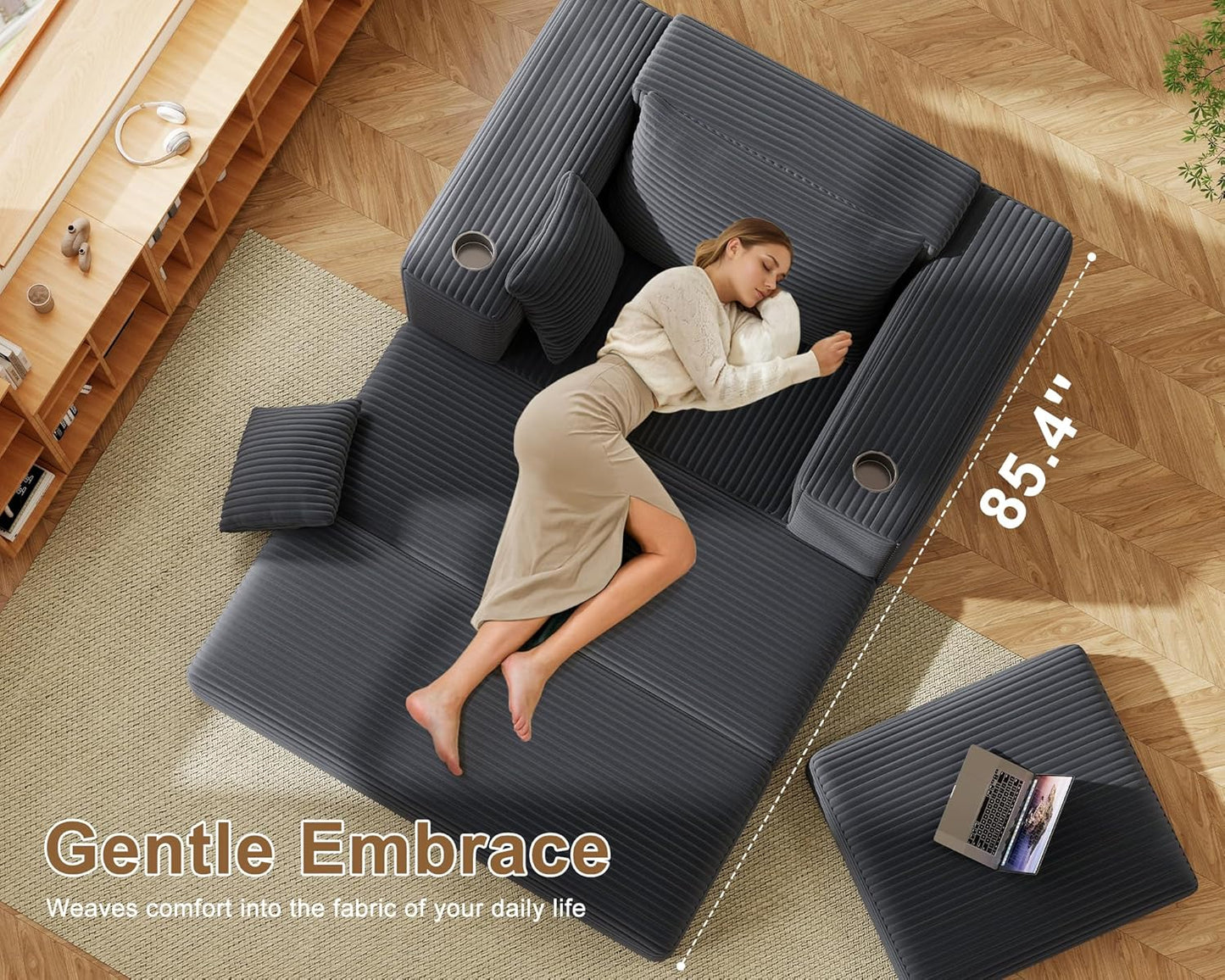 62" Oversized Chaise Lounge Chair Indoor, Corduroy Boneless Chaise Lounge Couch Sleeper Chair, Convertible Oversized Reading Chairs, Plush Compression Sofa with Ottoman, Dark Grey