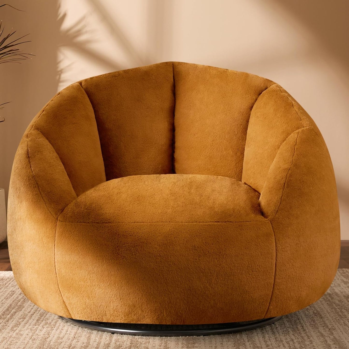 Giant Bean Bag Swivel Chair for Adults with Ottoman - Comfy Plush Round Shell Soft Accent Chaise Lounge Indoor Chair, Oversized Cozy Floor Sofa for Living Room, Bedroom & Game Rooms, Beige