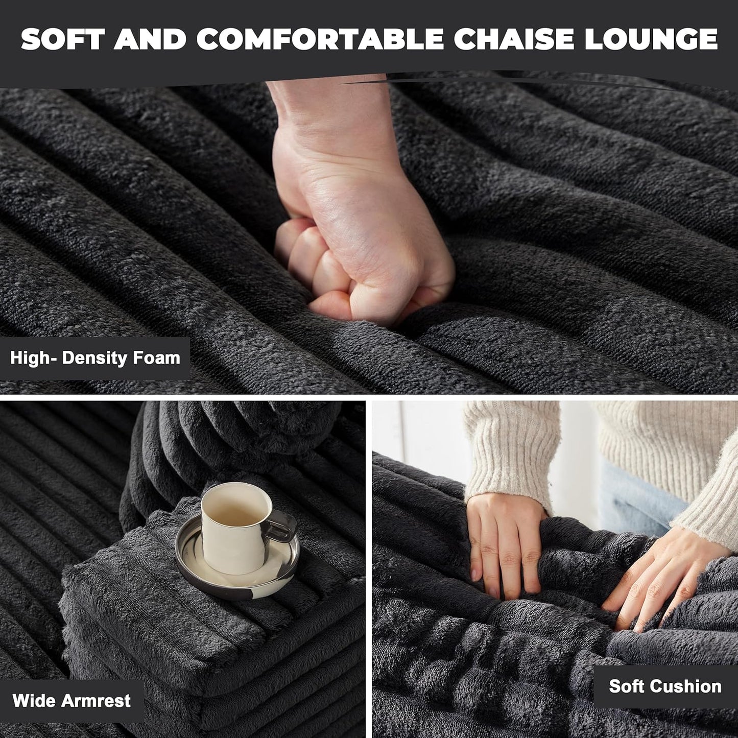 Oversized Chaise Lounge Sofa Chair Indoor, Comfy Fluffy Deap Seat Cloud Reading Chair with Throw Pillow, Upholstered Plush Corduroy Boneless Chairs for Living Room, Black