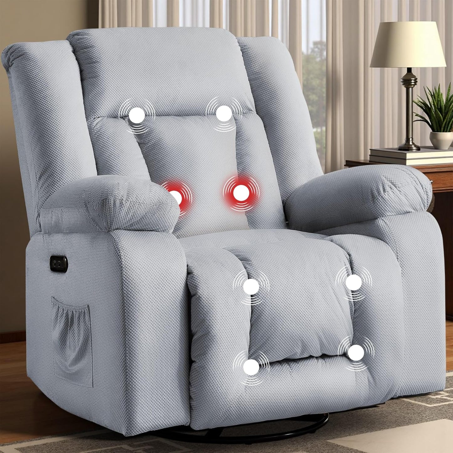 Oversized Power Recliner Chair, Swivel Rocking Chair for Adults, Electric Glider Reclining with Massage and Heating, Waffle Fabric Rocker Recliner with Side Pockets for Living Room, Bedroom