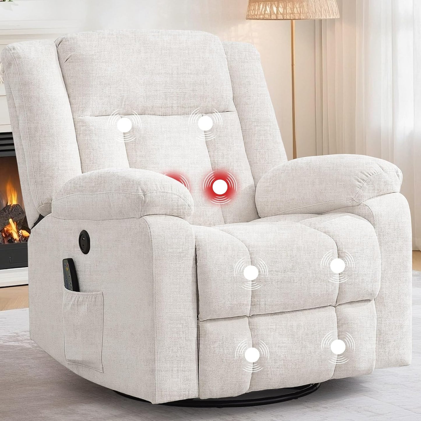 Rocker Recliner, Glider Recliner Chairs for Adults, 360° Swivel Rocking Chair with Massage and Heating, Nursery Chair with Storage and USB Charging for Living Room, Bedroom, Nursery