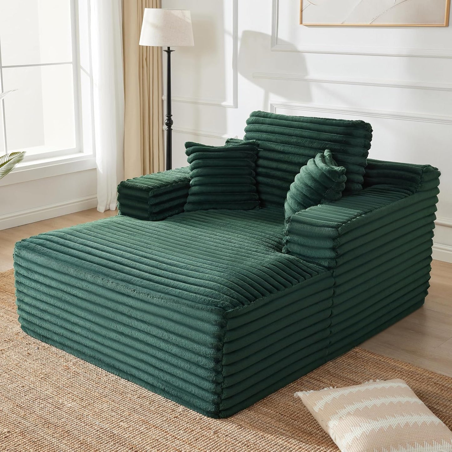 Oversized Chaise Lounge Sofa Chair Indoor, Comfy Fluffy Deap Seat Cloud Reading Chair with Throw Pillow, Upholstered Plush Corduroy Boneless Chairs for Living Room, Black