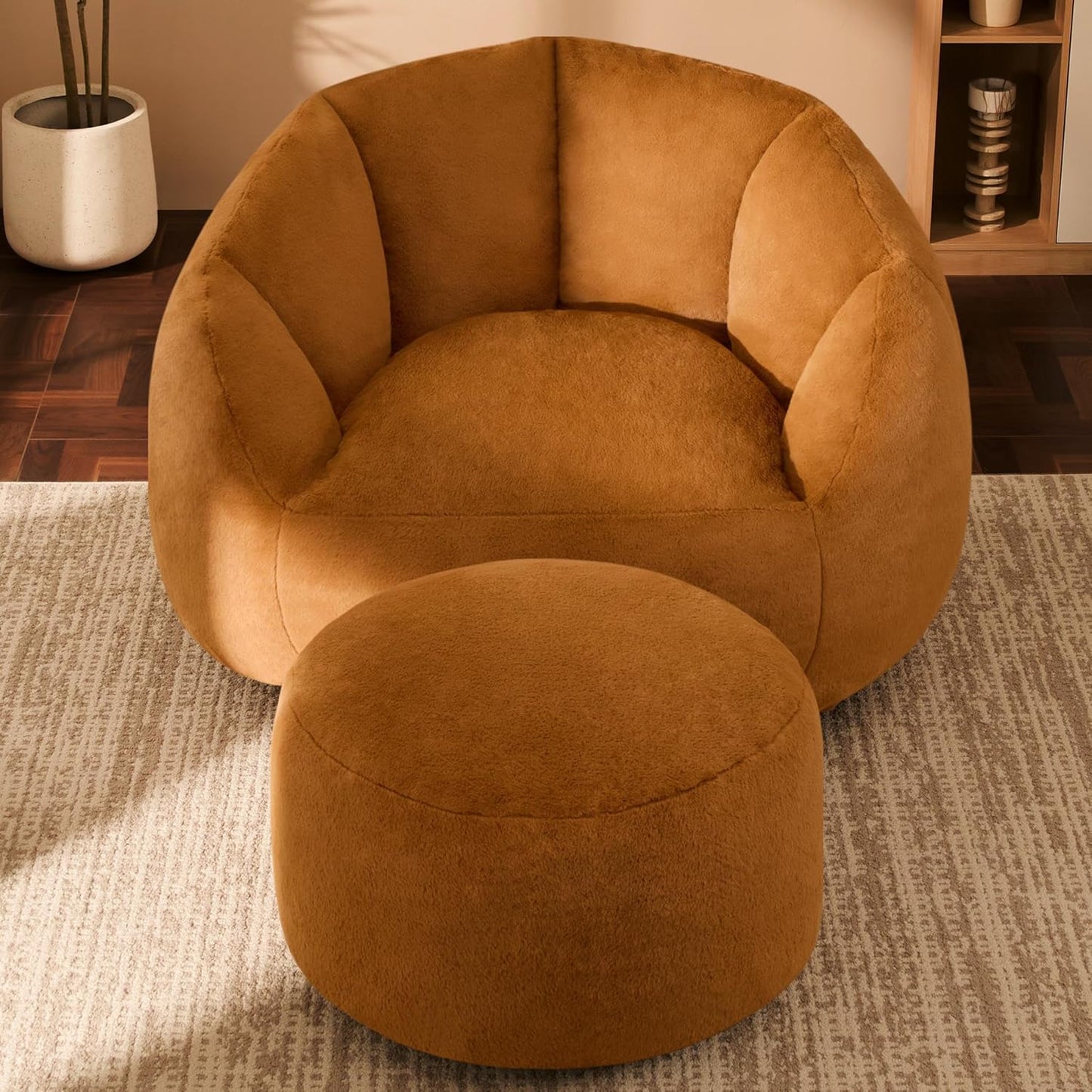 Giant Bean Bag Swivel Chair for Adults with Ottoman - Comfy Plush Round Shell Soft Accent Chaise Lounge Indoor Chair, Oversized Cozy Floor Sofa for Living Room, Bedroom & Game Rooms, Beige