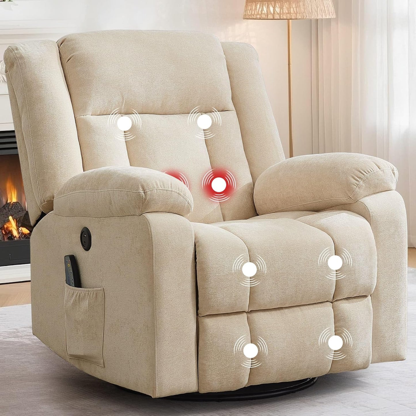 Rocker Recliner, Glider Recliner Chairs for Adults, 360° Swivel Rocking Chair with Massage and Heating, Nursery Chair with Storage and USB Charging for Living Room, Bedroom, Nursery