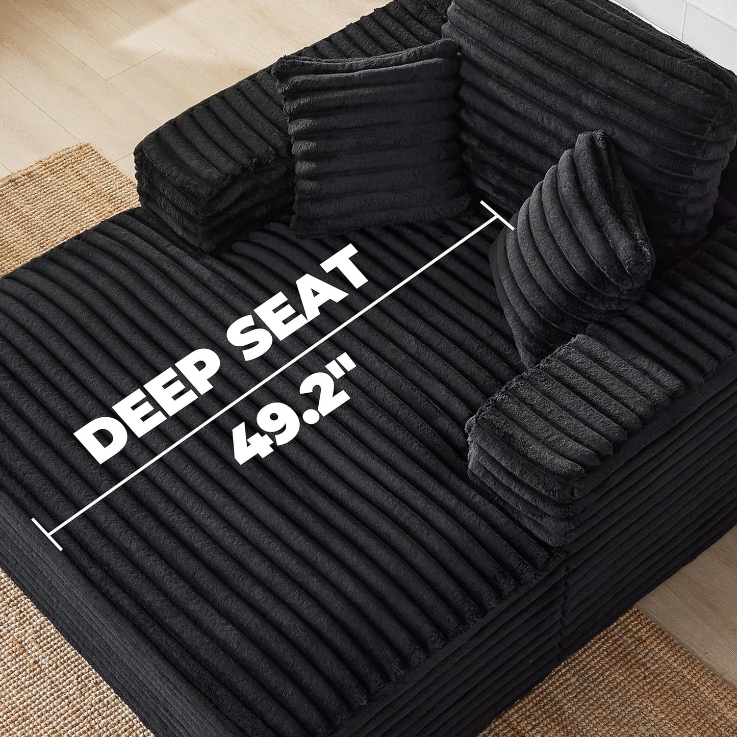 Oversized Chaise Lounge Sofa Chair Indoor, Comfy Fluffy Deap Seat Cloud Reading Chair with Throw Pillow, Upholstered Plush Corduroy Boneless Chairs for Living Room, Black