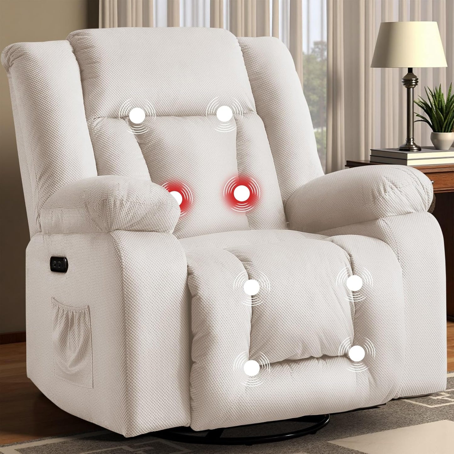 Oversized Power Recliner Chair, Swivel Rocking Chair for Adults, Electric Glider Reclining with Massage and Heating, Waffle Fabric Rocker Recliner with Side Pockets for Living Room, Bedroom