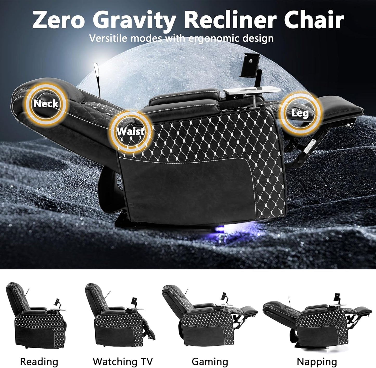 Power Zero Gravity Recliner Chair for Adults Breathable Leather Electric Recliners Adjustable Home Theater Seating with Smart Cup Holders, USB Ports, Hidden Arm Storage, Tray Table