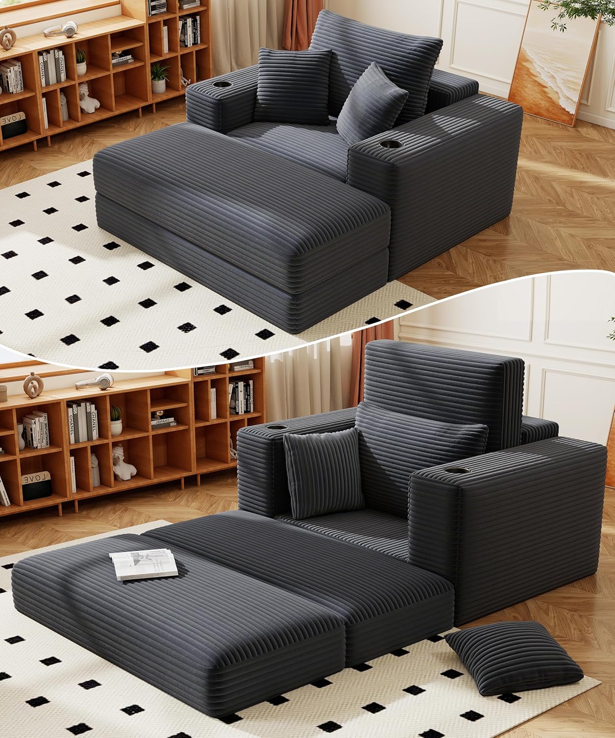 62" Oversized Chaise Lounge Chair Indoor, Corduroy Boneless Chaise Lounge Couch Sleeper Chair, Convertible Oversized Reading Chairs, Plush Compression Sofa with Ottoman, Dark Grey