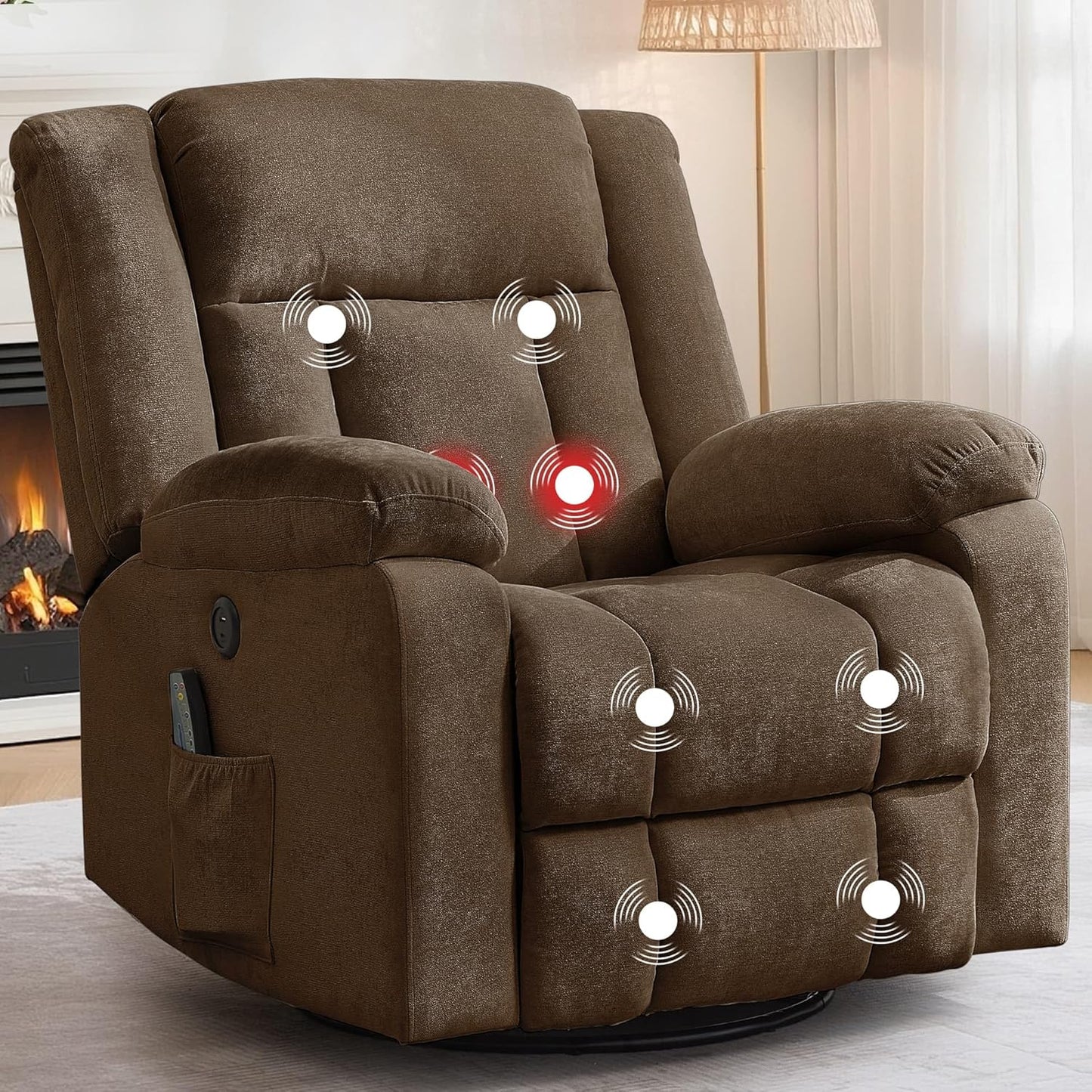 Rocker Recliner, Glider Recliner Chairs for Adults, 360° Swivel Rocking Chair with Massage and Heating, Nursery Chair with Storage and USB Charging for Living Room, Bedroom, Nursery